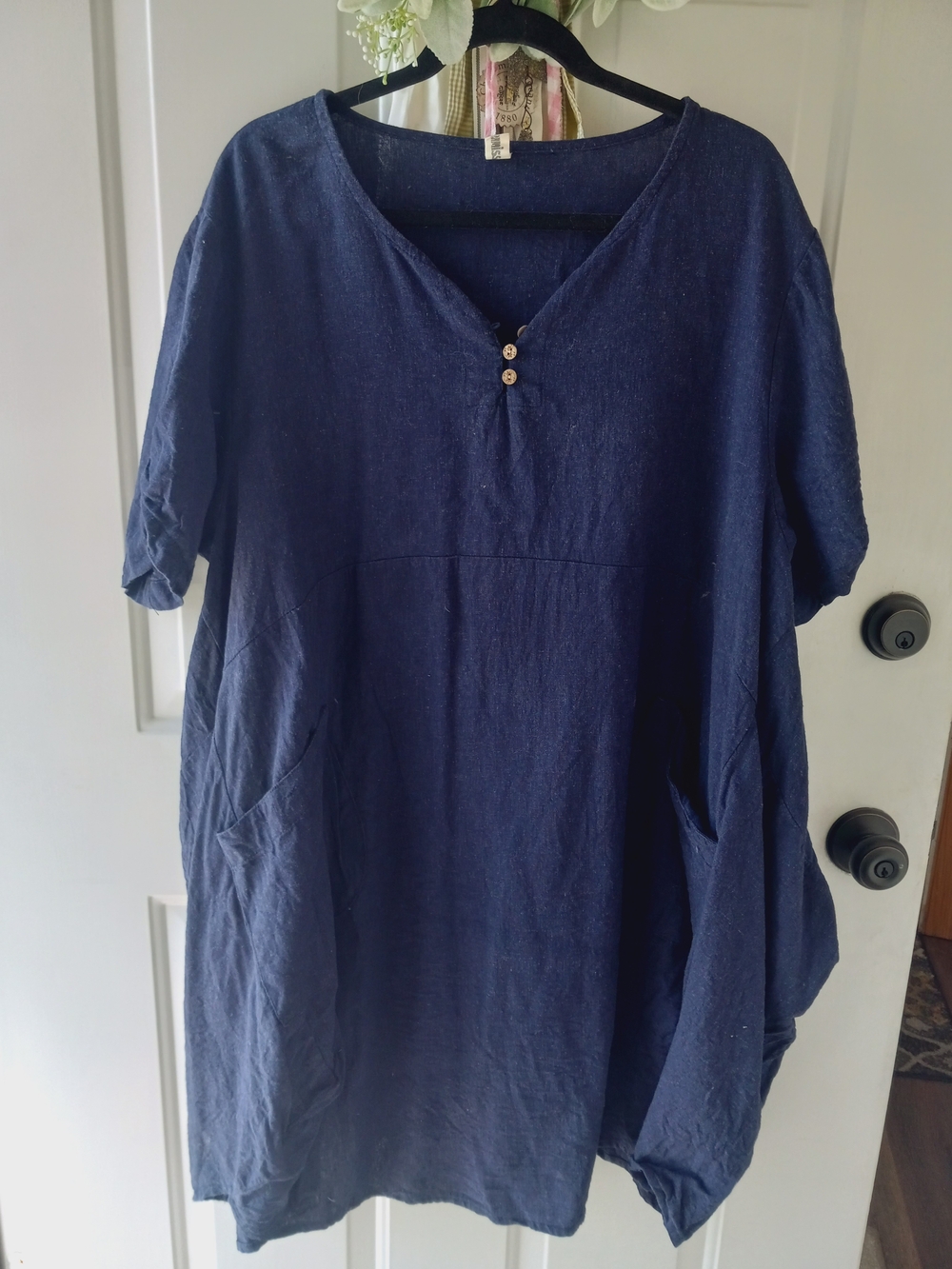 Navy Linen Sweet Button-Front DRESS - Picture 2 of 6